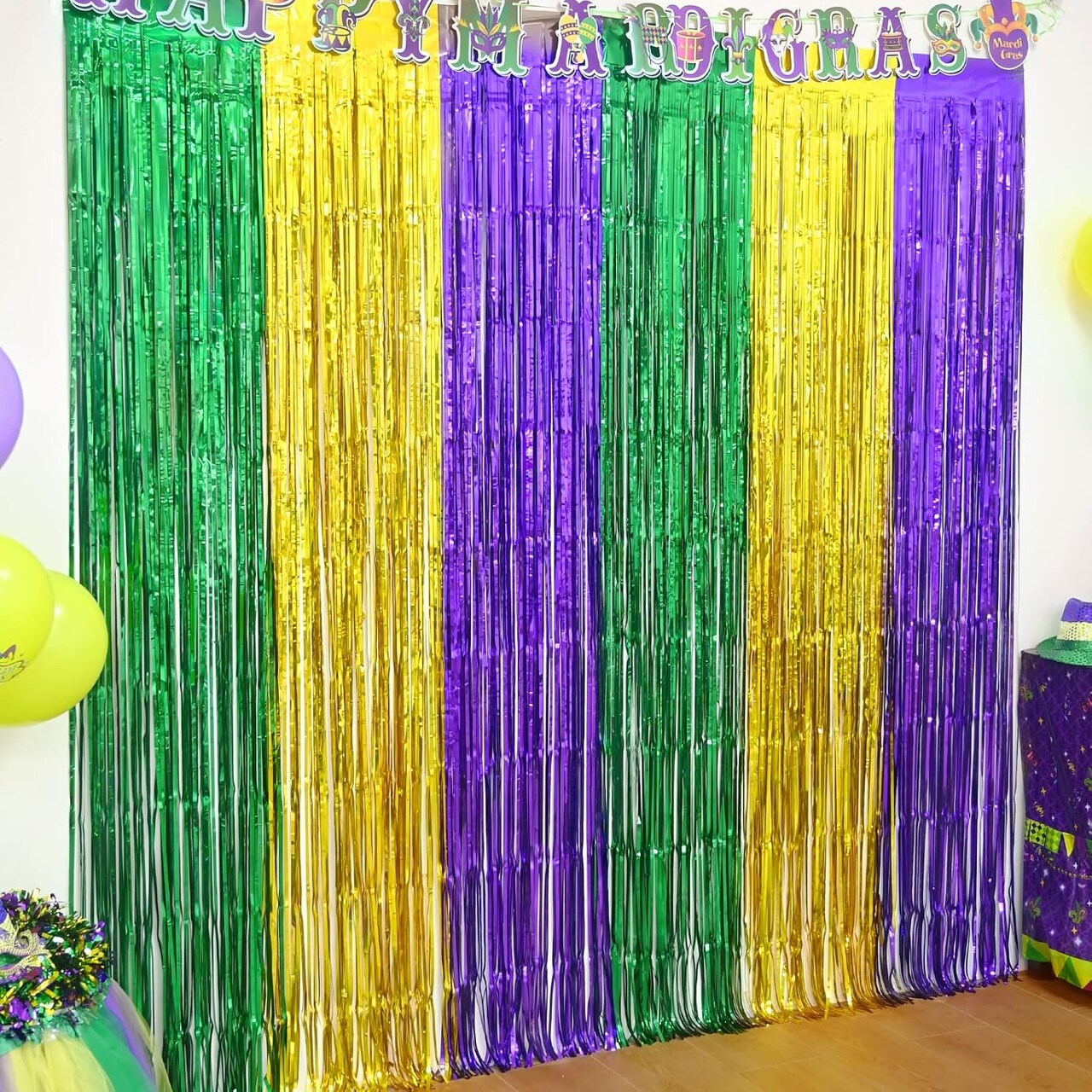 Mardi Gras Party Decorations 2 Pack 3.3 X 6.6 ft Green Gold Purple Metallic Tinsel Foil Fringe Curtains Photo Booth Props Background Decor Backdrop Streamer for Mardi Gras Carnival Birthday